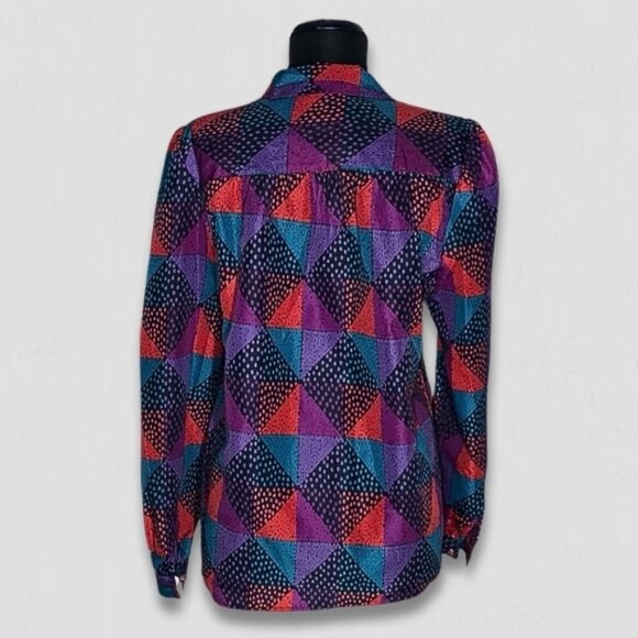 Vintage 80s 90s Blouse Geometric Print Multicolor Size Medium - Picture 2 of 11